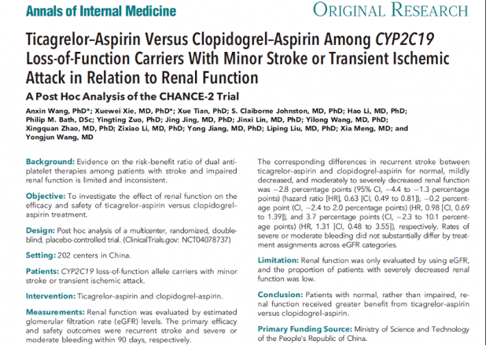 《Annals of Internal Medicine》caocaocaocaobiwang肾功能对急性缺血性脑血管病患者不同双抗治疗策略的疗效与安全性影响